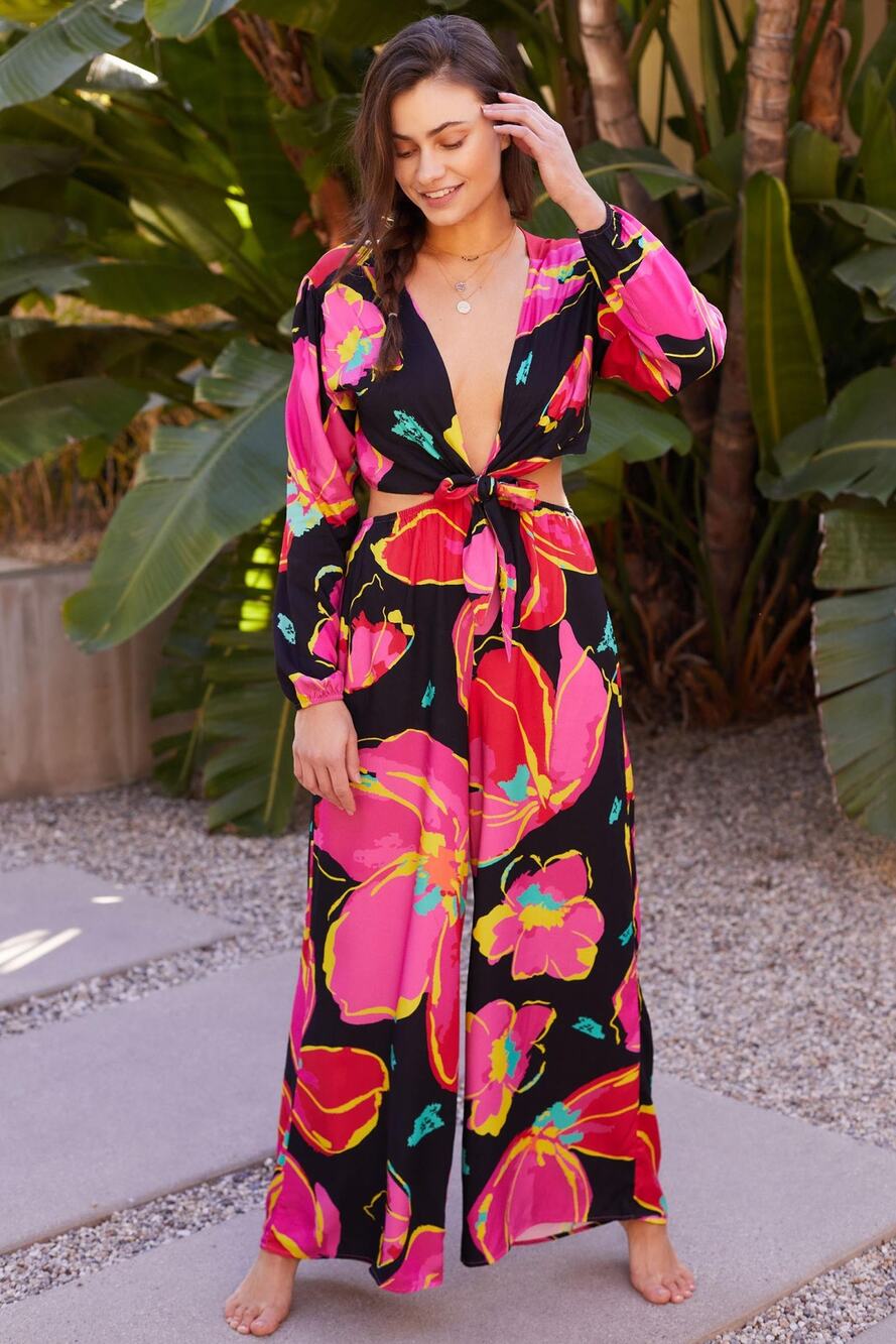 New Maaji Pink Floral Long Sleeve Cut-Out Jumpsuit - Size Small